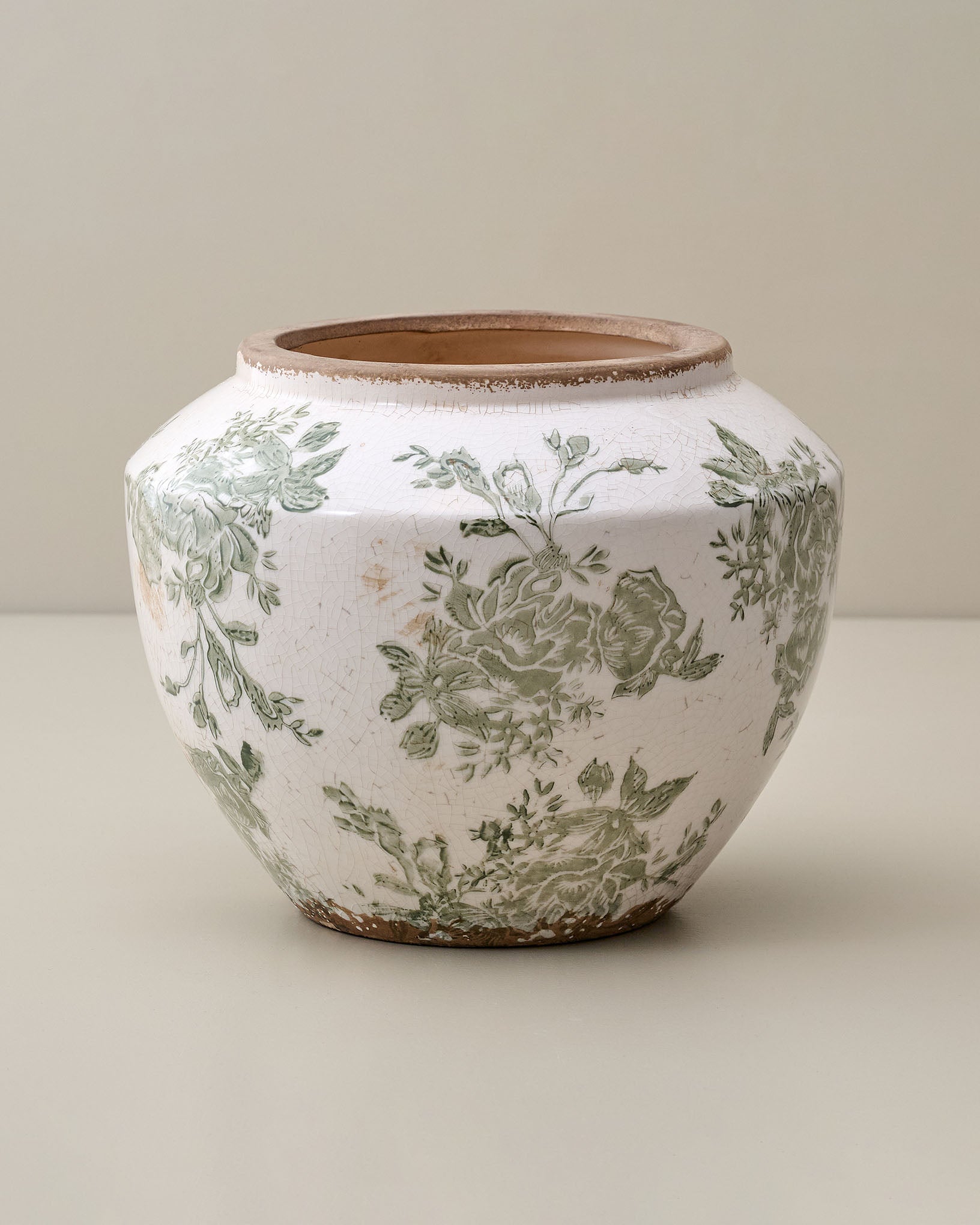 Green and White Distressed Floral Vase - Image 4