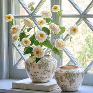 Green and White Distressed Floral Vase