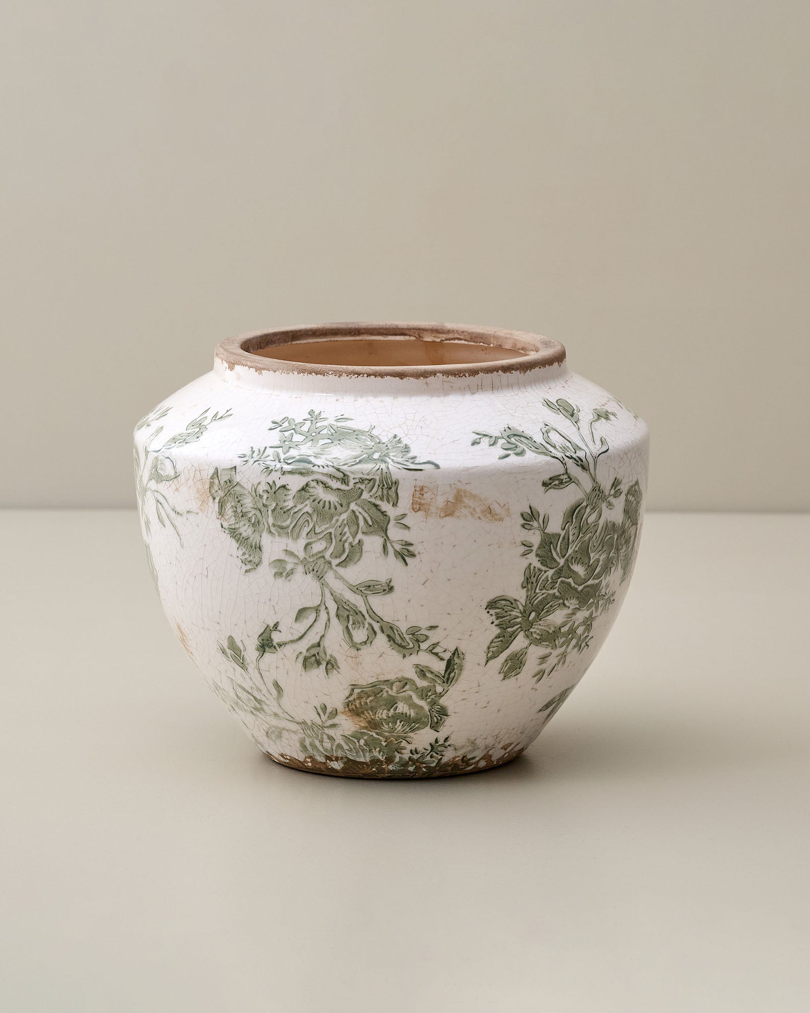 Green and White Distressed Floral Vase - Image 3