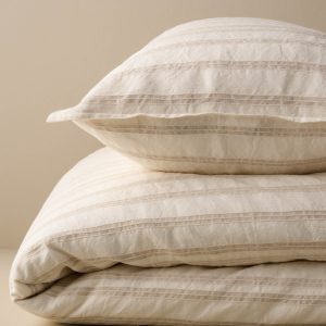 Embroidered Stripe Linen Cotton Duvet Cover - Oatmeal