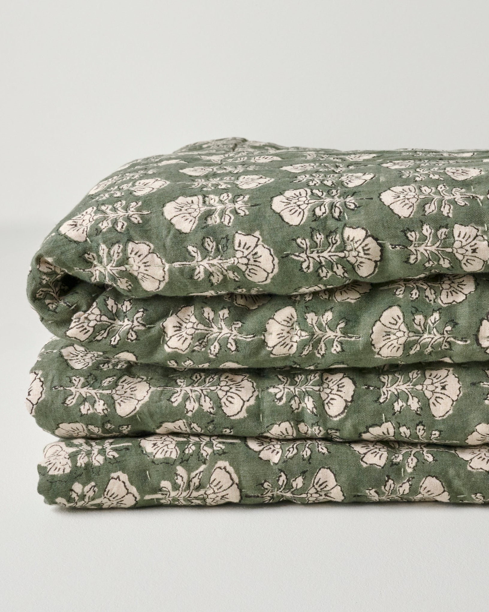 Flora Block Print Quilt - Dusty Green - Image 4