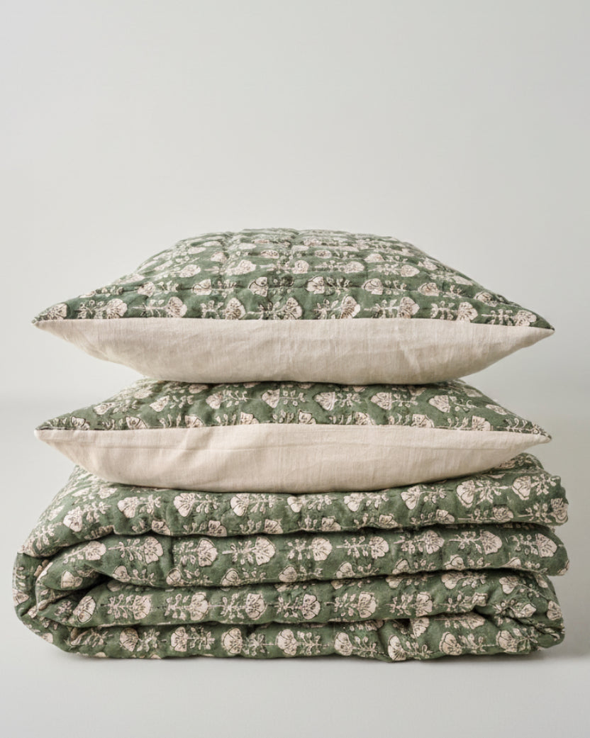 Flora Block Print Quilt - Dusty Green - Image 2