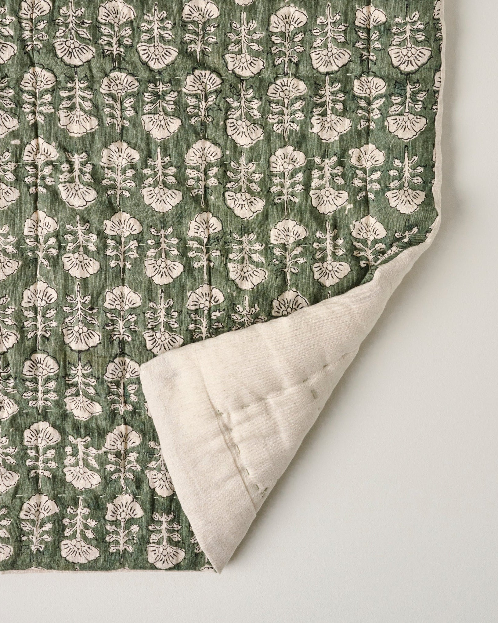 Flora Block Print Quilt - Dusty Green - Image 6