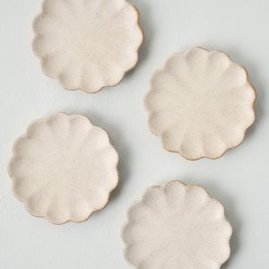 French White Scalloped Edge Stoneware Coaster Set