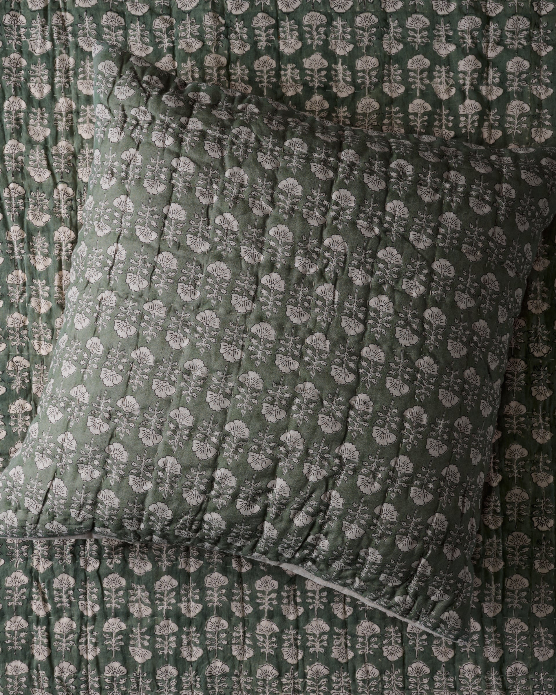 Flora Block Print Pillow Sham - Dusty Green - Image 3