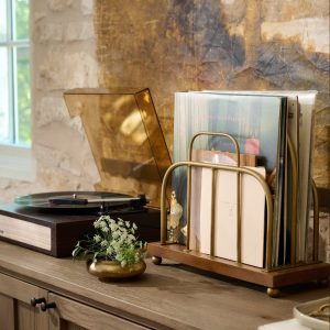 Short Antique Brass and Wood Media Stand