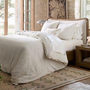 Kennie Upholstered Bed Frame with Carved Solid Oak and Linen Headboard