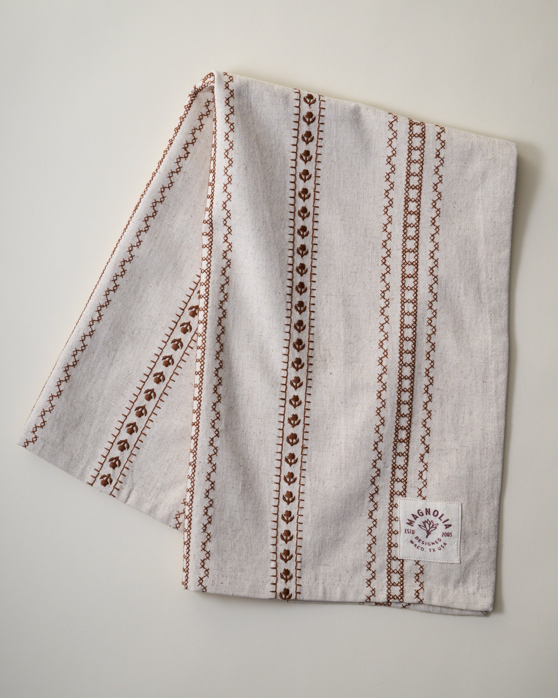 Natural Embroidered Stripe Tea Towel