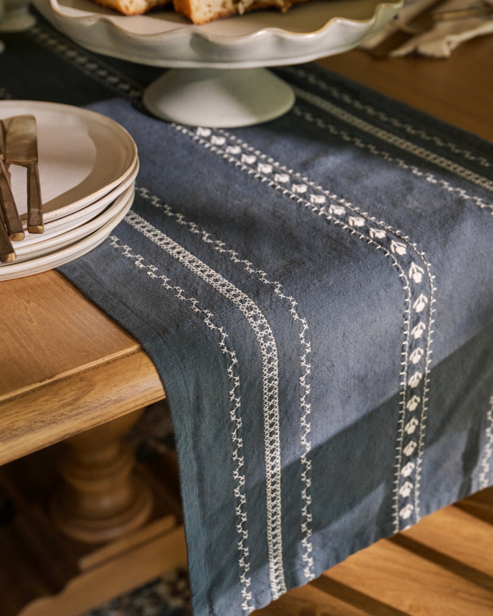 Dusty Blue Embroidered Table Runner