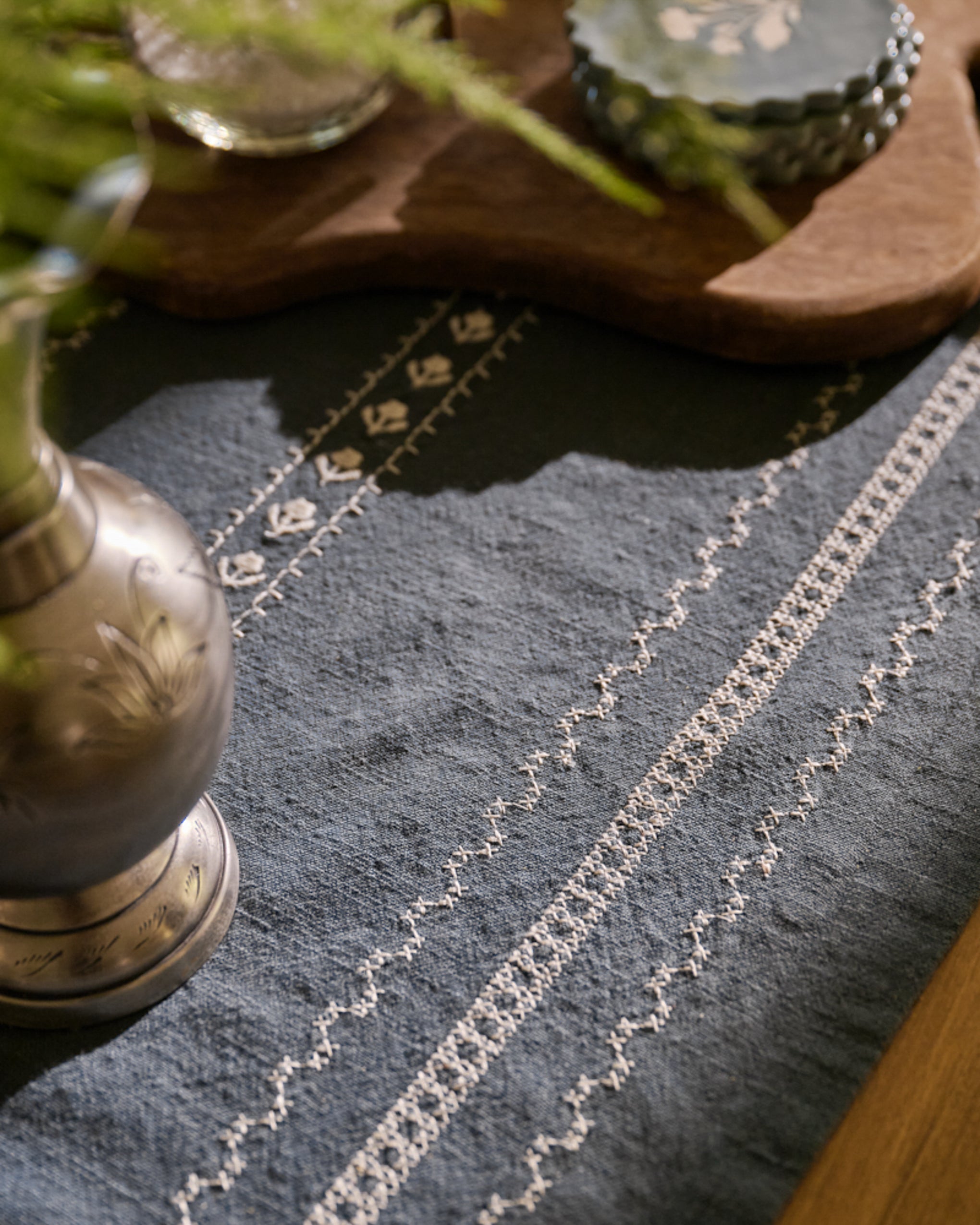 Dusty Blue Embroidered Table Runner - Image 3