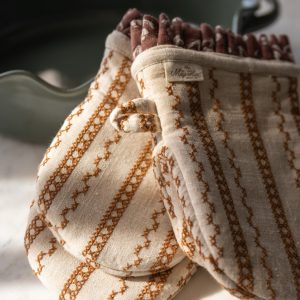 Natural Embroidered Stripe Oven Mitt Set of 2