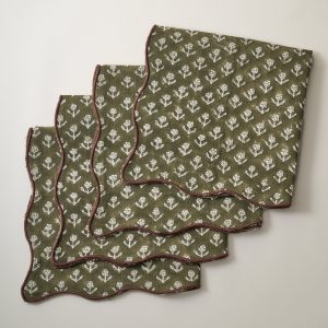 Olive Green Cosmos Block Printed Napkin Set of 4