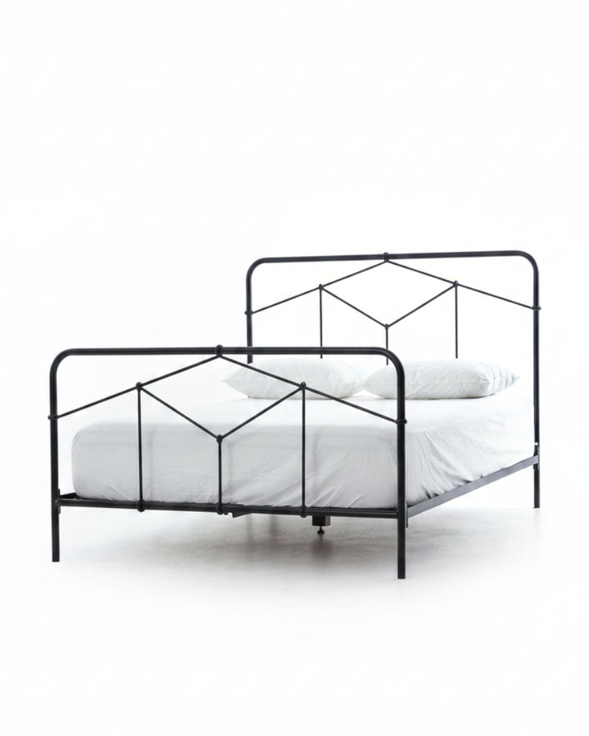 Riley Black Iron Bed Frame with Geometric Headboard. Vintage-Inspired Design - Image 6