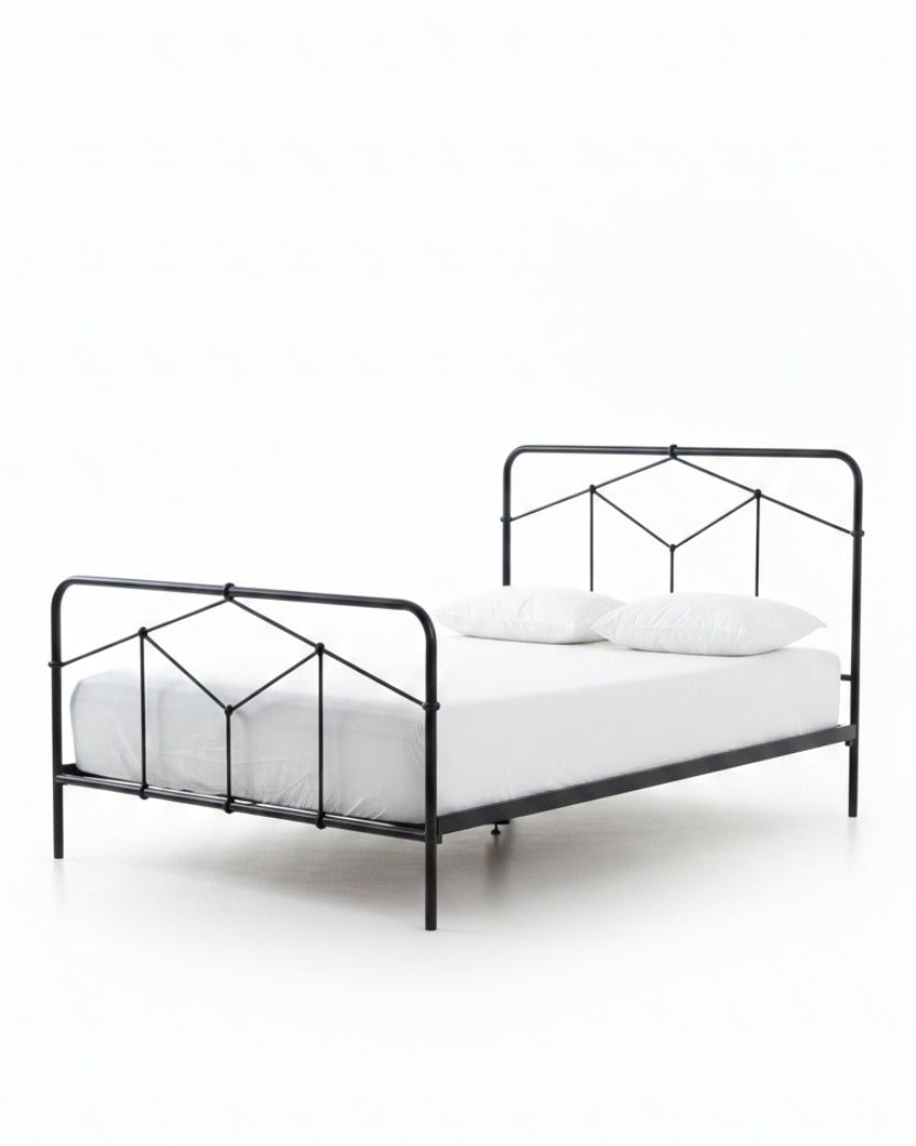 Riley Black Iron Bed Frame with Geometric Headboard. Vintage-Inspired Design