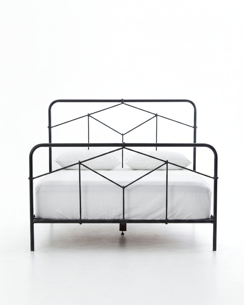 Riley Black Iron Bed Frame with Geometric Headboard. Vintage-Inspired Design - Image 2