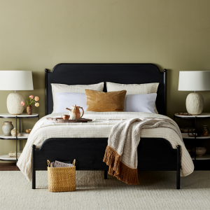 Nadia Black Brushed Oak Bed Frame with Notched Headboard Detail